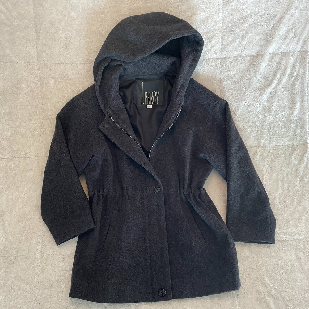 J. Percy 100% Merino Wool Hooded Coat Adjustable Waist, Gray